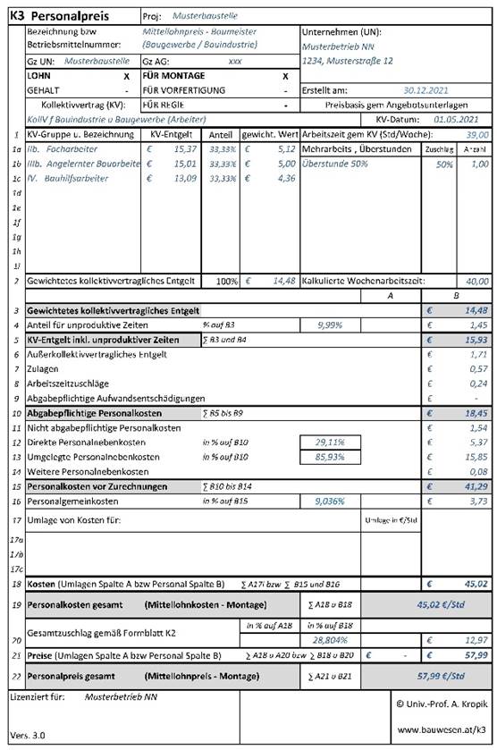 Das K3-Blatt der NORM B 2061 - Erstellt mit dem Kalkulationstool von Prof. Kropik (www.bauwesen.at/k3)